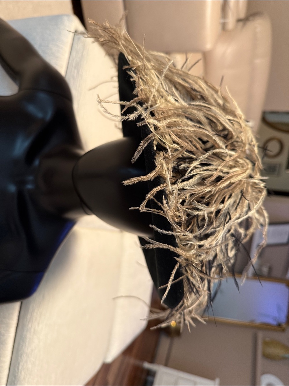 Feather Fringe Wide-Brim Women’s Hat - Black Wool Hat with Beige Feathers
